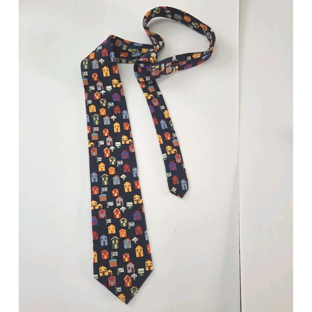 Alynn Dark Blue Real Estate Agent Sold Houses Print 100% Silk USA Tie "For Sale"